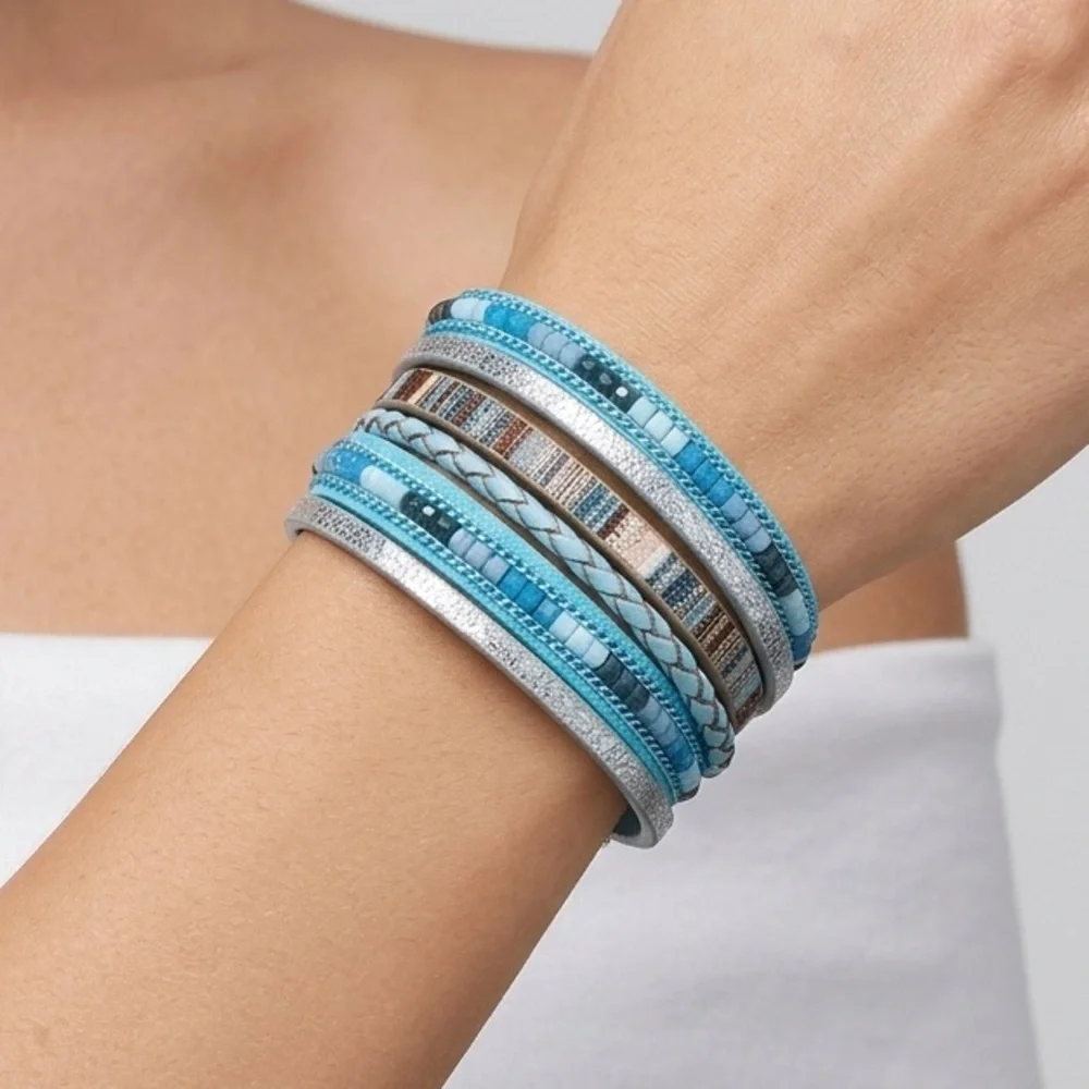 Boho Multi-Layer Leather Wrap Bracelet | Magnetic Clasp Stone